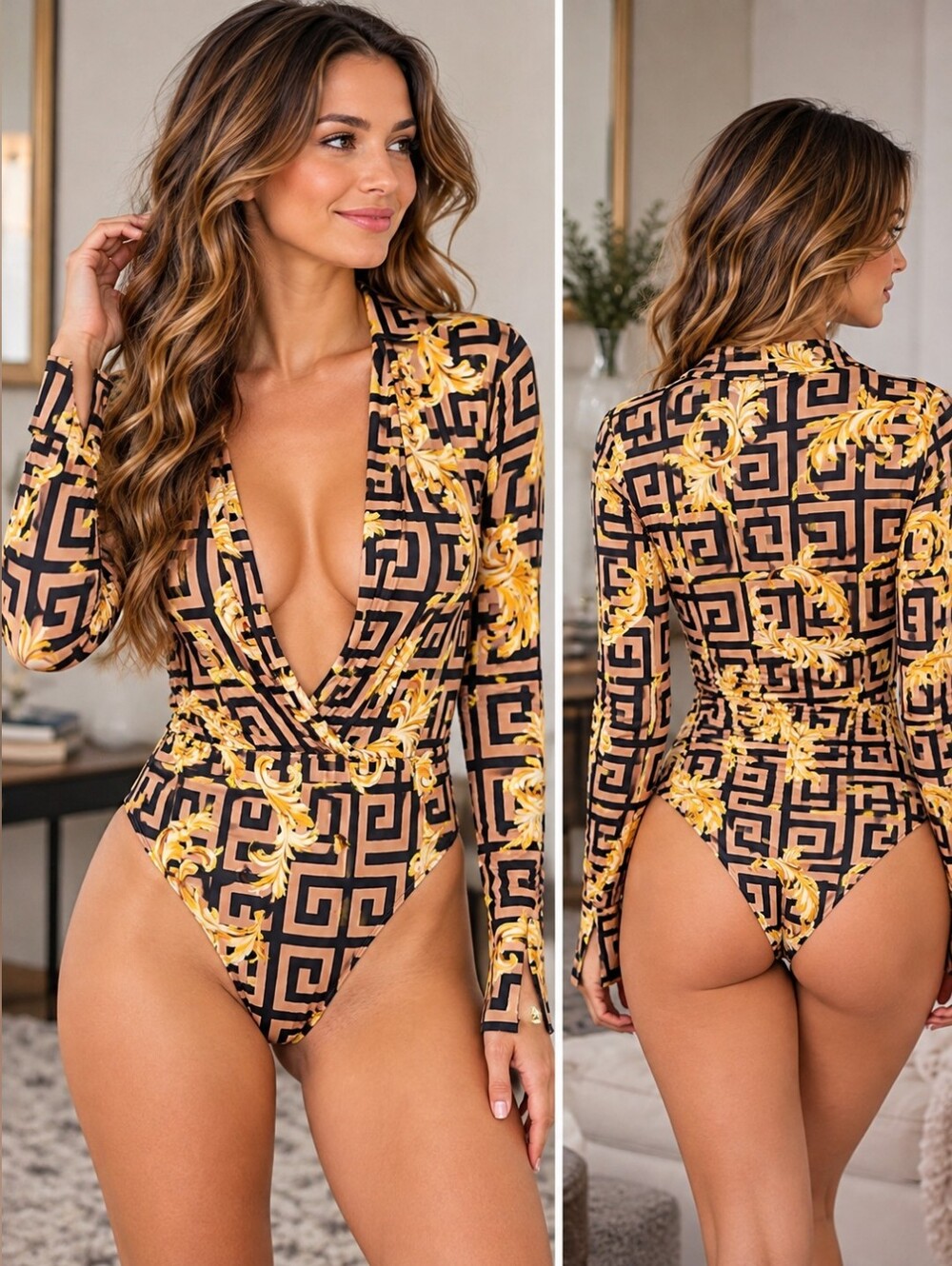 Black Gold Baroque Greek Key Print Long Sleeve Bodysuit Plus Size